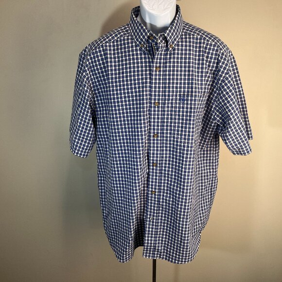 Ariat Pro Series Men's white, blue and gold vented s/s short Large L EUC - Picture 1 of 8